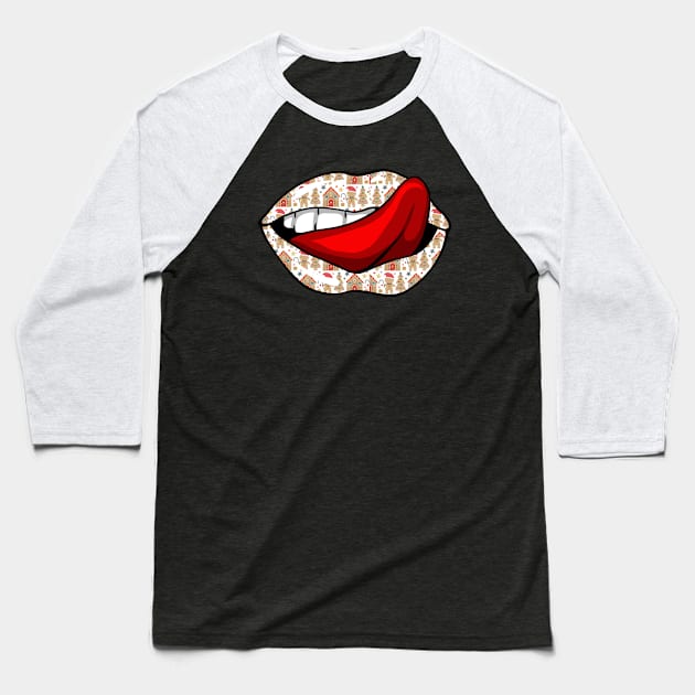 Artistic Abstract Gingerbread Christmas Pattern Lips with Red Tongue - by Iskybibblle Baseball T-Shirt by iskybibblle